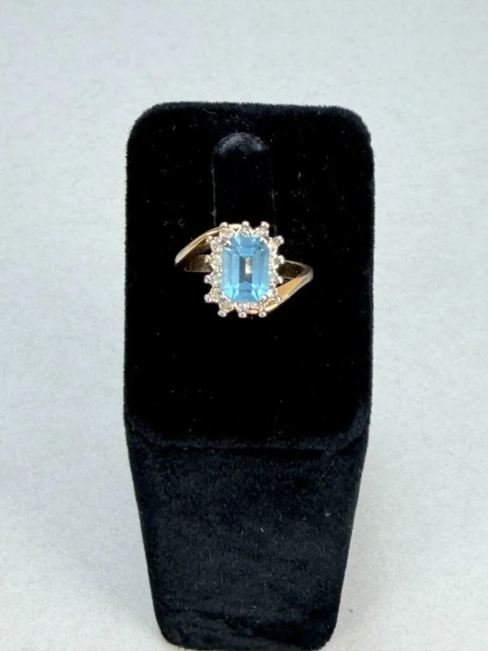 Vintage Stunning Blue Emerald Cut Halo Cocktail Ring Gold Tone Statement